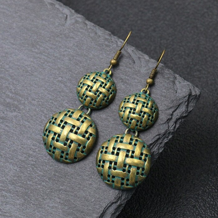 Vintage Distressed Hollow Stud Earrings Personality Stylish round Earrings Woven Texture Alloy Earring Factory Wholesale