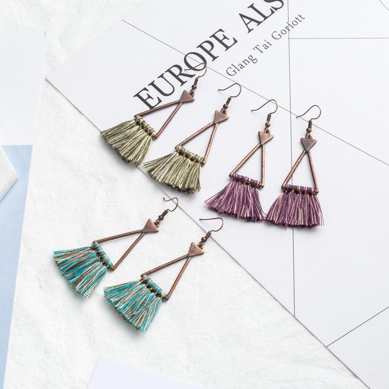 Cross-Border European and American New Triangle Alloy Earring Wool Tassel Pendant Long Earrings Jewelry Wholesale