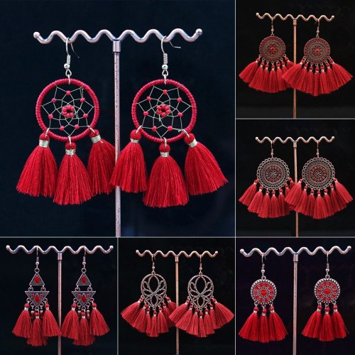 Tassel Earrings Temperament Wild New Year Red Accessories European and American Popular Chinese Style Circular Earrings