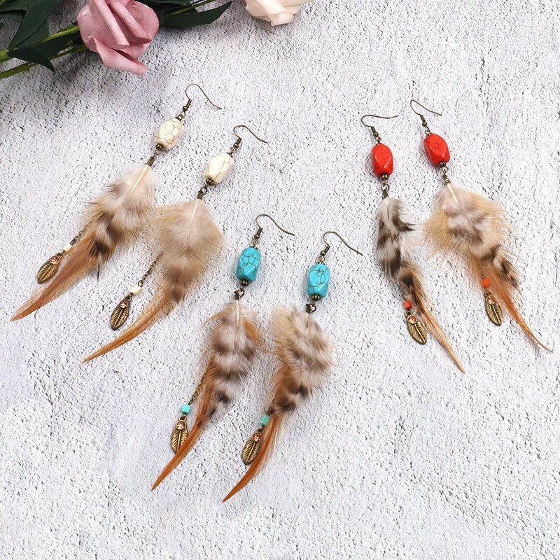 European and American Popular Ornament Bohemian Coffee Feather Long Earrings Women Turquoise Tassel Earrings Wholesale