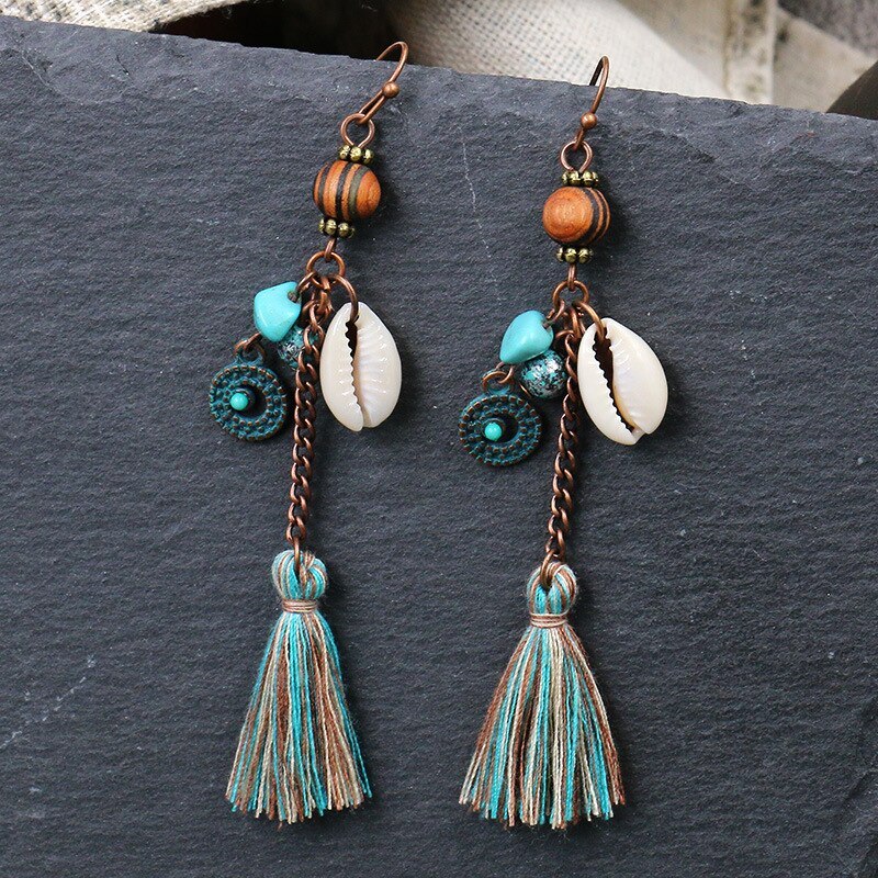 Long European and American Tassel Jewelry Wholesale Original Handmade Earrings Vintage Wooden Bead Shell Hanging Earrings