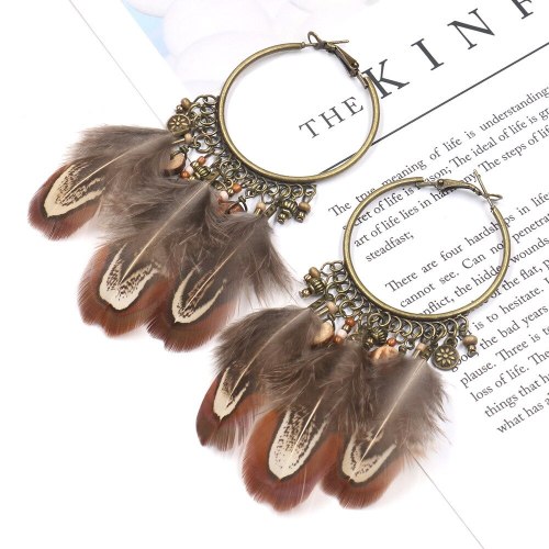 Retro Ethnic Style Earrings Women's European and American round Gradient Feather Decorative Pendant Personalized Ear Jewelry