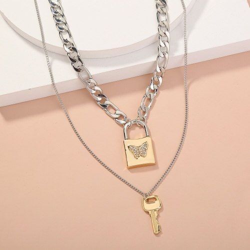 Europe and America Cross Border Hot Jewelry Retro Punk Lock Head Key Necklace Exquisite Diamond Butterfly Necklace