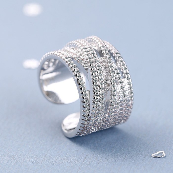 INS Simple Wide Face Zirconium Diamond Curve Wave Ring Ring Fashion Joint Ring Tail Ring Xzjz396