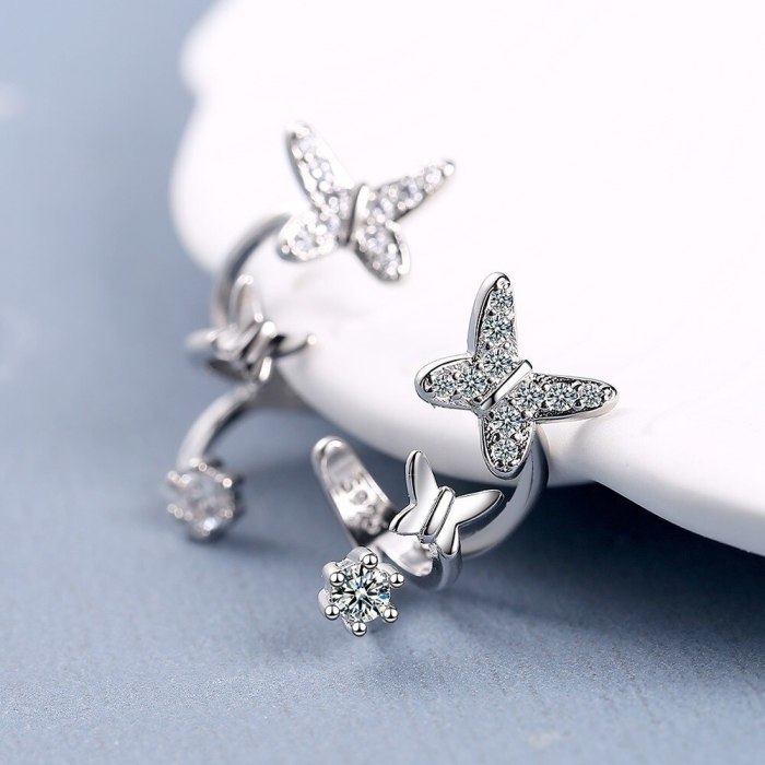 Asymmetric Small Butterfly Stud Earrings Diamond Ear Row Ear Clip Female Korean Style Elegant Earrings Xzed922