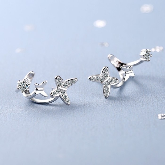 Asymmetric Small Butterfly Stud Earrings Diamond Ear Row Ear Clip Female Korean Style Elegant Earrings Xzed922