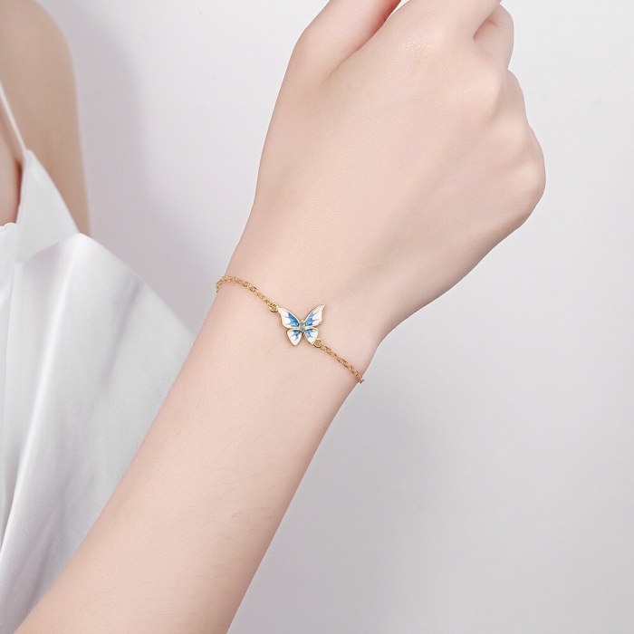 Fresh Blue Butterfly Bracelet Elegant Gold Plated Simple Rhinestone Women's Bracelet SL186
