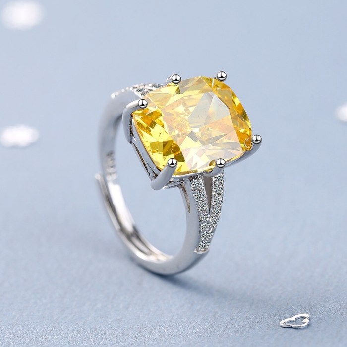 Yellow Zircon Ring Female Square Zirconium Diamond Wide Surface Women's Ring Bracelet Ring Personality XZJZ394