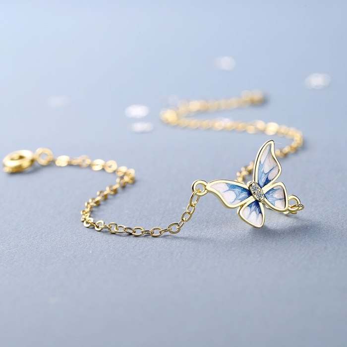 Fresh Blue Butterfly Bracelet Elegant Gold Plated Simple Rhinestone Women's Bracelet SL186