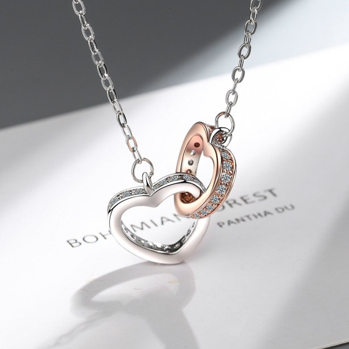 Heart-Shaped Necklace Heart-Shaped Buckle Double Ring Clavicle Chain Inlaid Zirconium Short Clavicle Chain Pendant XZDZ544