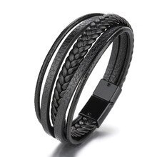 New Multi-Layer Hand-Woven Twine Rope Titanium Steel Leather Bracelet Stainless Steel Magnetic Snap Bracelet