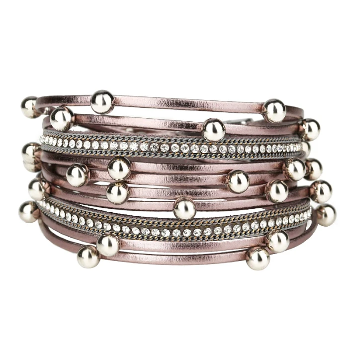 Cross-Border Hot Multi-Layer Pearl Leather Bracelet with Diamond Magnetic Snap Leather Bracelet