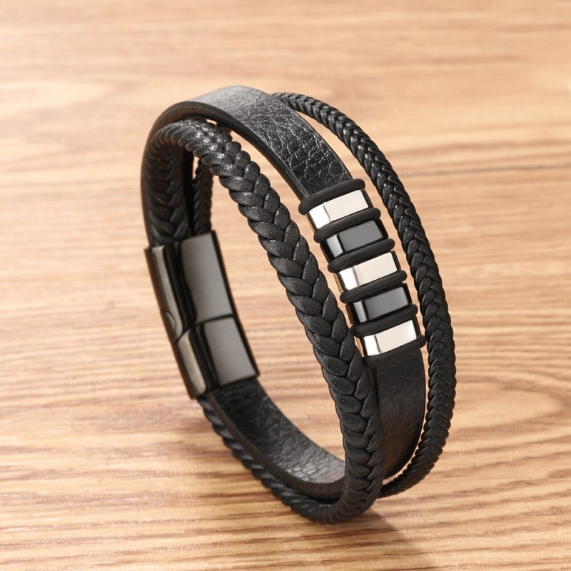 Multi-Layer Hand-Woven Cow Leather Stainless Steel Men's Bracelet European and American Vintage Jewelry Titanium Steel Bracelet