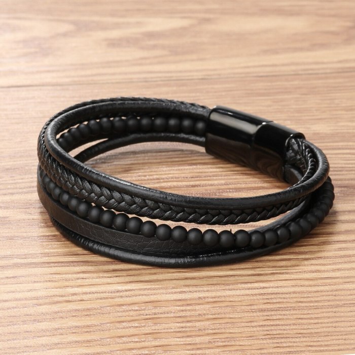 European and American Titanium Steel Leather Multi-Layer Hand-Woven Beads Bracelet Stainless Steel Magnetic Buckle Bracelet