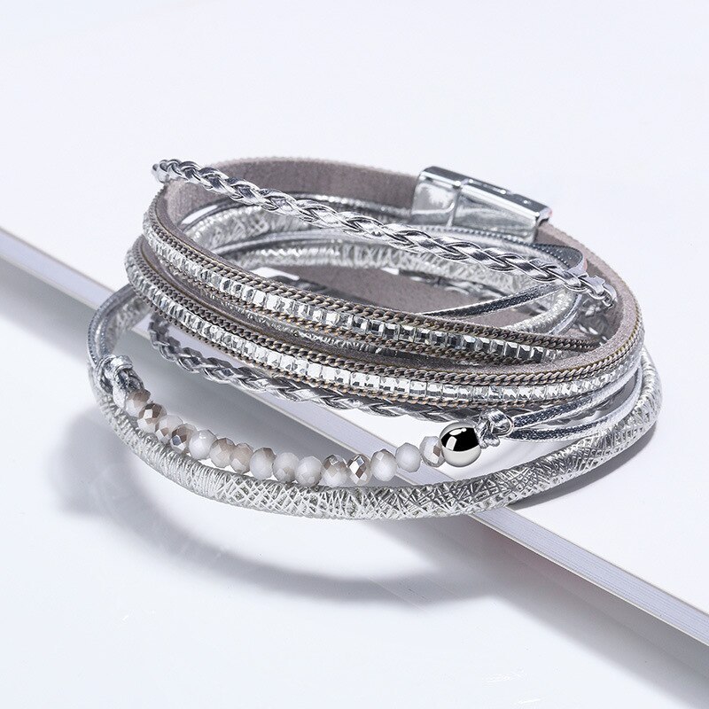 European and American Multi-Layer Long Square Diamond Multi-Layer Bead Ornament Magnetic Buckle Woven Bracelet Ladies