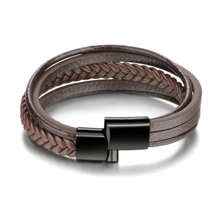 Vintage Cowhide String Bracelet Hand-Woven Leather Stainless Steel Bracelet Genuine Leather Titanium Steel Men's Bracelet