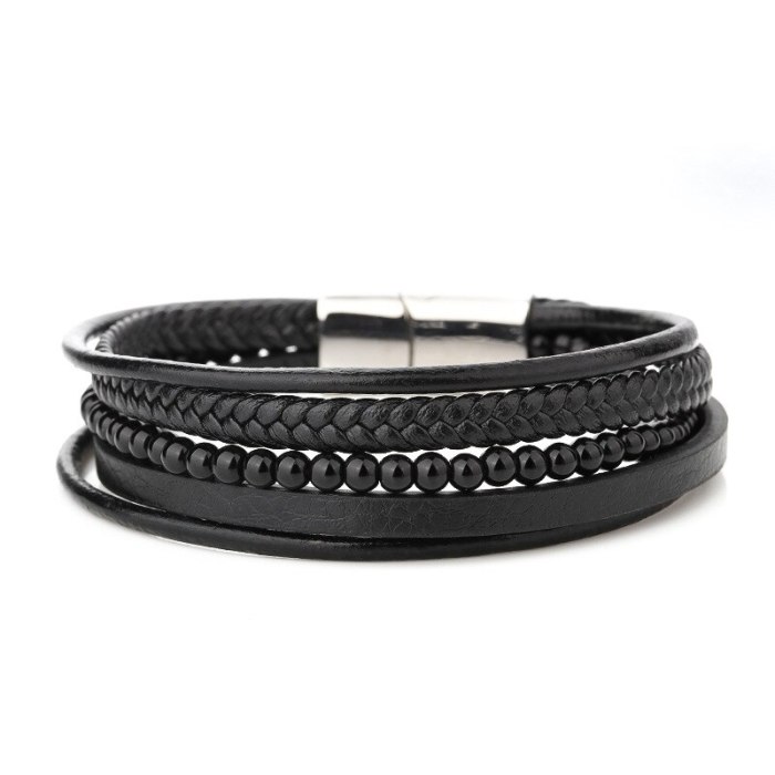 European and American Titanium Steel Leather Multi-Layer Hand-Woven Beads Bracelet Stainless Steel Magnetic Buckle Bracelet