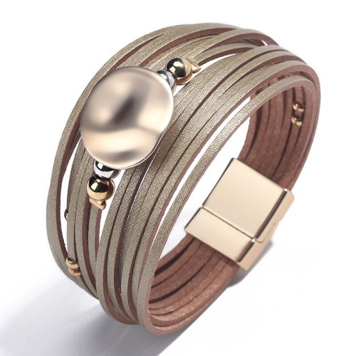 New Europe and America Cross Border Multi-Layer Leather Women's Woven Bracelet Handmade Magnetic Bracelet Oval Alloy Ornament