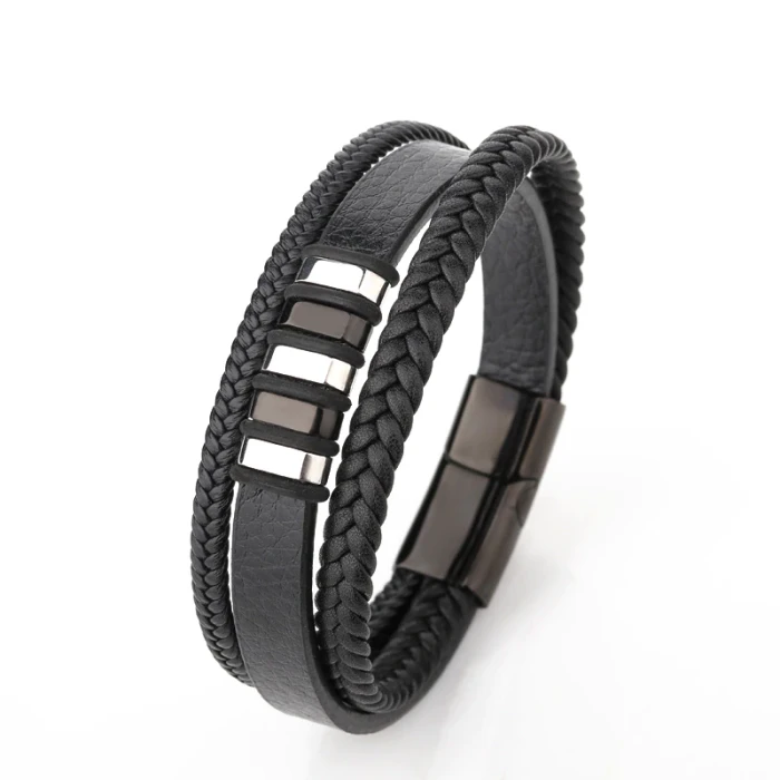 Multi-Layer Hand-Woven Cow Leather Stainless Steel Men's Bracelet European and American Vintage Jewelry Titanium Steel Bracelet