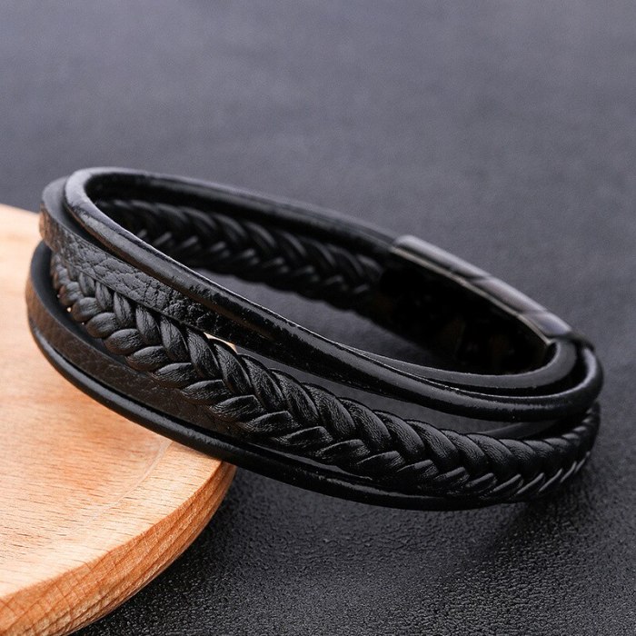 Hot-Selling Product European and American Retro Hand-Woven Stainless Steel Leather Bracelet Titanium Steel Bracelet Jewelry