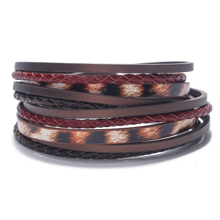 Hot New Bohemian Multi-Layer Woven Bracelet Leopard Magnetic Buckle Bracelet in Stock Wholesale