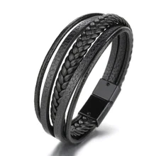 European and American Titanium Steel Leather Multi-Layer Hand-Woven Beads Bracelet Stainless Steel Magnetic Buckle Bracelet