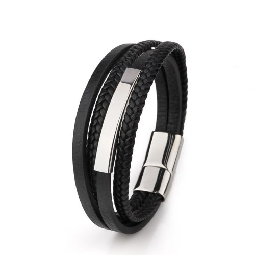 New Hot Sale Magnetic Snap Artificial Woven Multi-Layer Bracelet Stainless Steel Tube Leather Men's Bracelet 54151