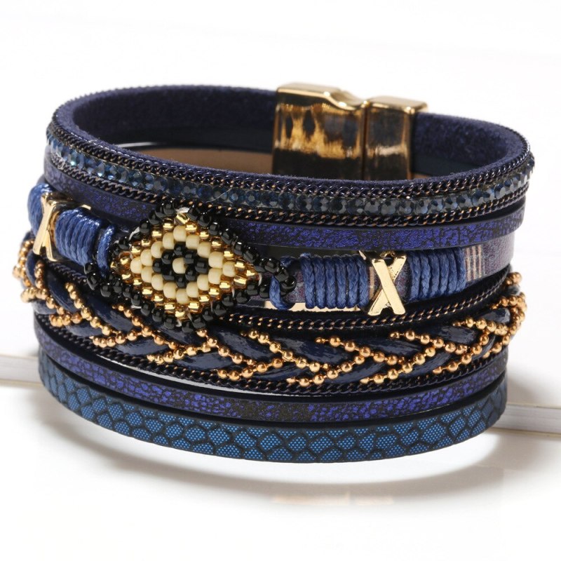 Bohemian Style Ornament European and American Eyes Cross-Border Hot Hand-Woven Bead Female Leather Bracelet 1651
