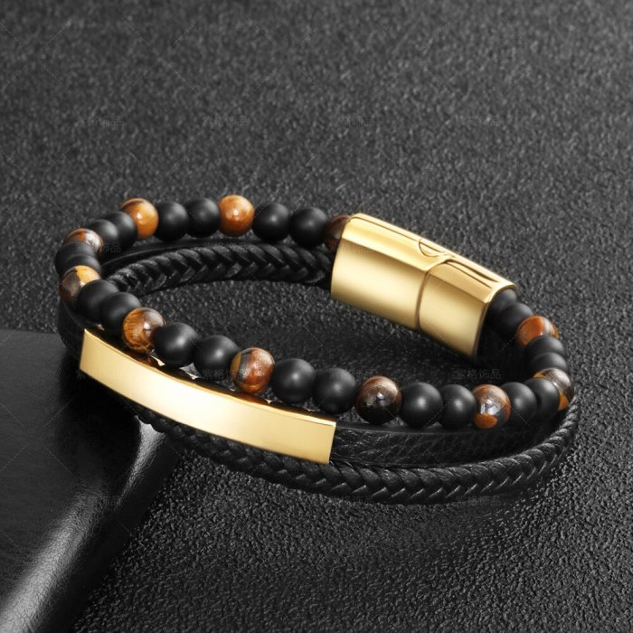 Tiger Eye Natural Stone Beads Bracelet Leather Rope Braided Bracelet Genuine Leather Multi-Layer Men's Cowhide Black Bracelet 5461