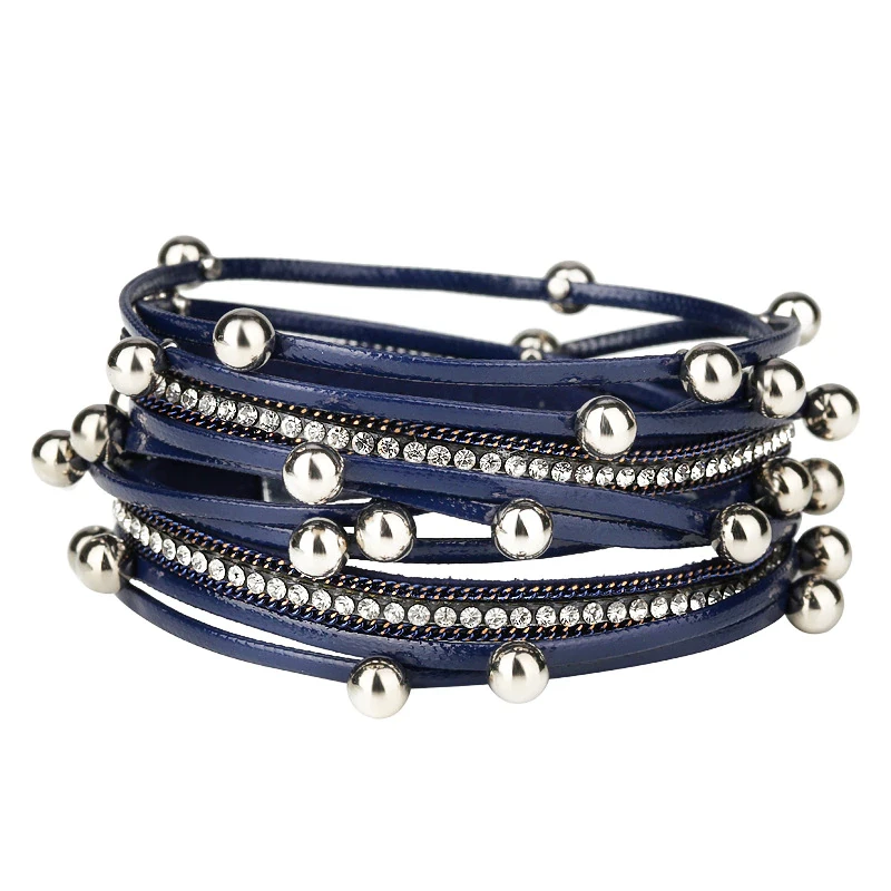 Cross-Border Hot Multi-Layer Pearl Leather Bracelet with Diamond Magnetic Snap Leather Bracelet