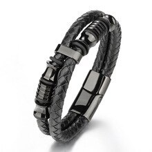 Men's and Women's Authentic Leather Weave Bracelet Multi-Strand Woven Bracelet Double-Layer Cowhide Titanium Steel Bracelet