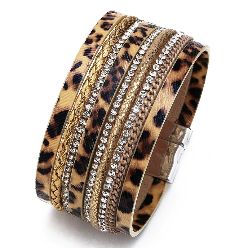 Cross-Border European And American Exaggerated Brick Magnetic Buckle Bracelet Leopard Skin Point Horse Hair Bracelet Ladies