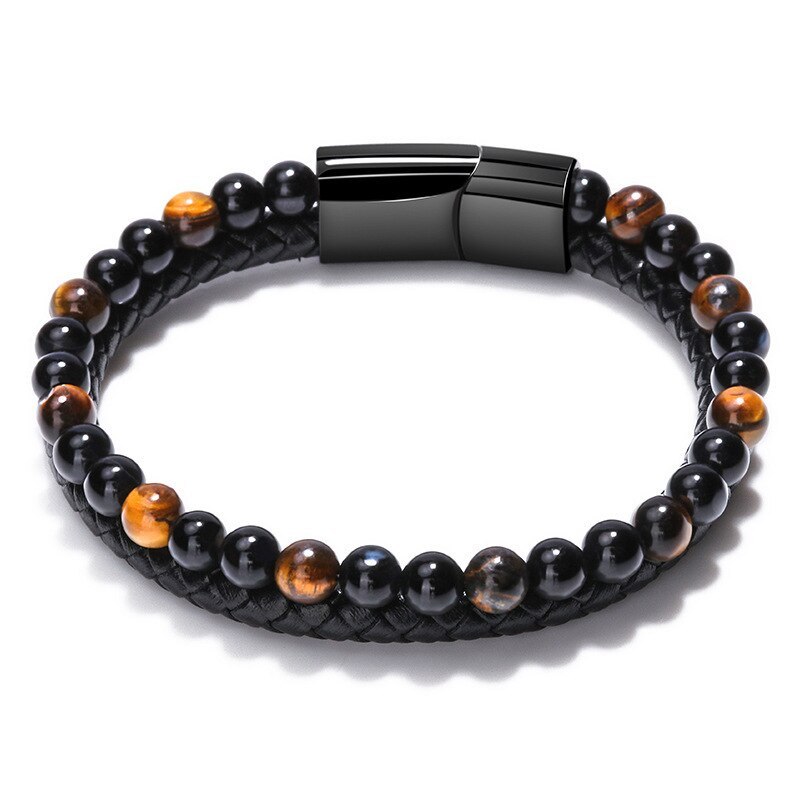 Natural Lucky Tigereye Beads Agate Bracelet European and American Men's Cowhide String Bracelet Vintage Jewelry 321351