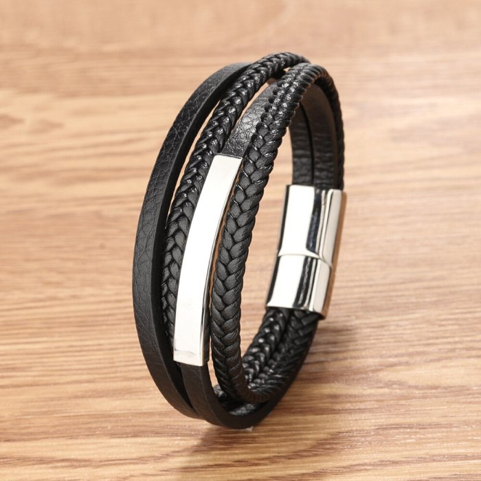 New Hot Sale Magnetic Snap Artificial Woven Multi-Layer Bracelet Stainless Steel Tube Leather Men's Bracelet 54151