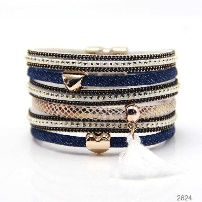 Cross-Border E-Commerce New Denim Women's Brace Lace Bracelet European and American Leather Multi-Layer Magnetic Snap Jewelry