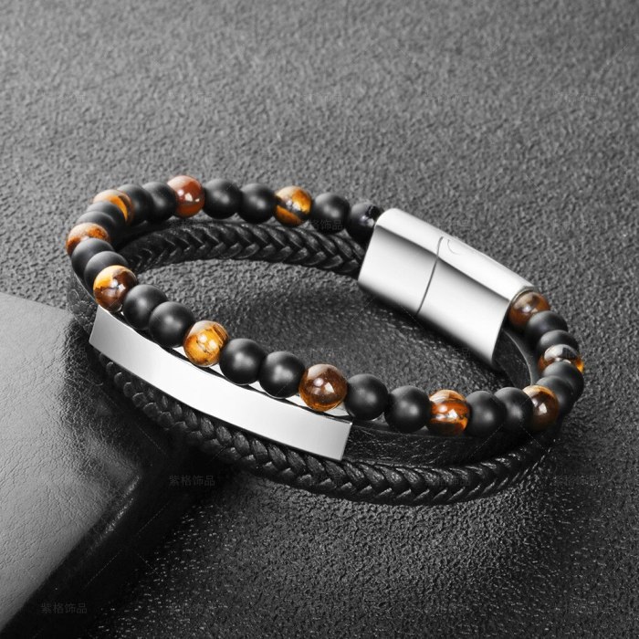 Tiger Eye Natural Stone Beads Bracelet Leather Rope Braided Bracelet Genuine Leather Multi-Layer Men's Cowhide Black Bracelet 5461