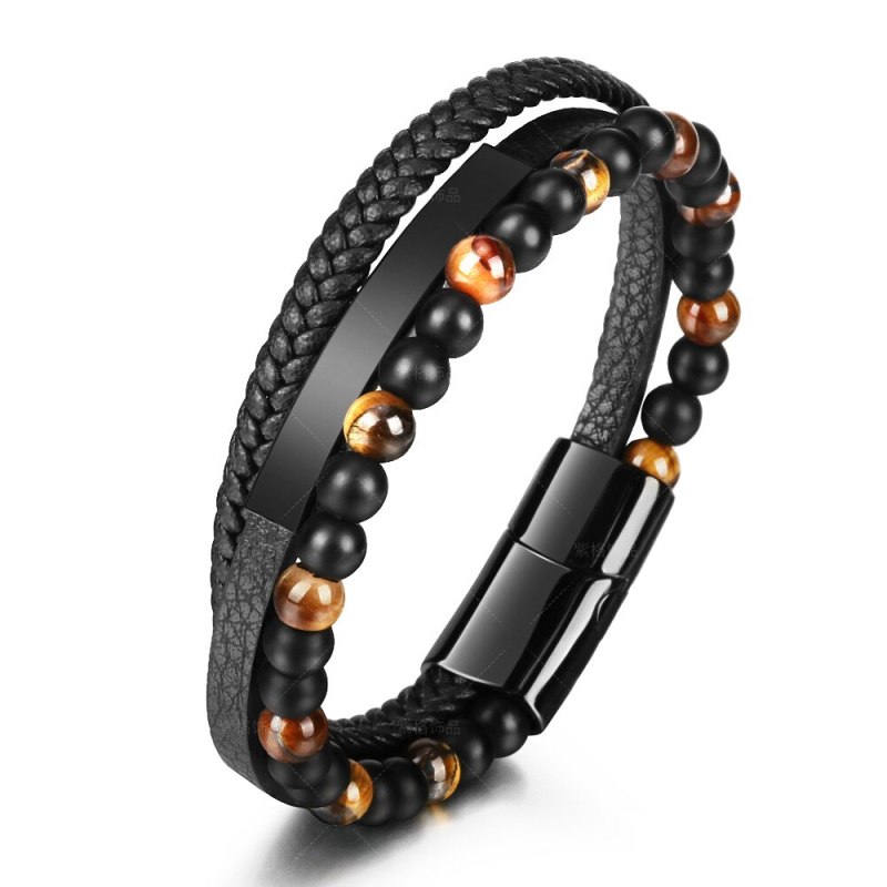 Tiger Eye Natural Stone Beads Bracelet Leather Rope Braided Bracelet Genuine Leather Multi-Layer Men's Cowhide Black Bracelet 5461