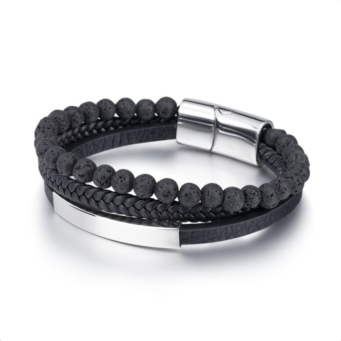 Volcanic Natural Stone Beaded Stainless Steel Bracelet Men 'S Weaving Cow Leather Ornament Titanium Steel Bracelet 365415