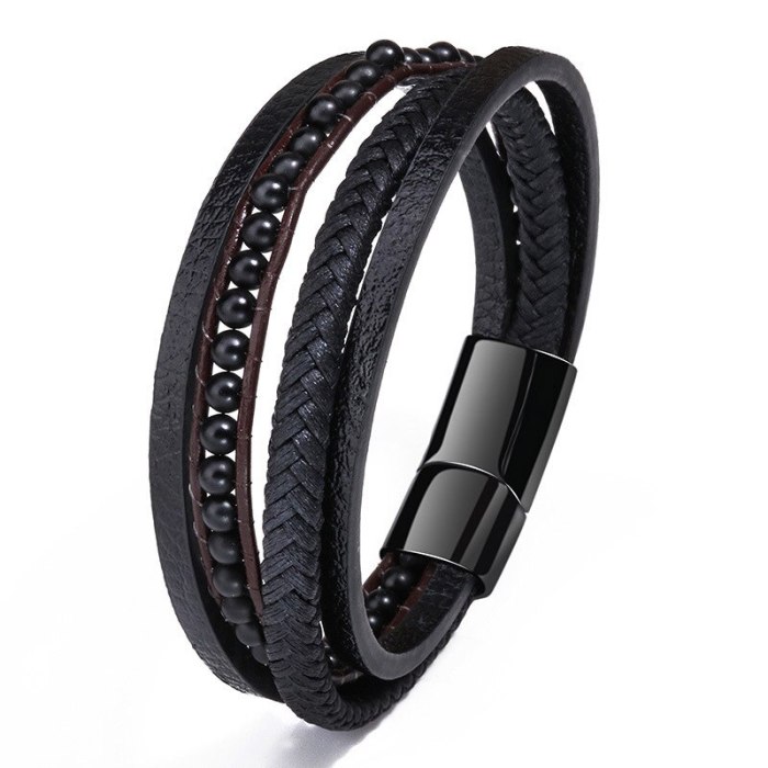 Cross-Border Sold Jewelry Hand-Woven Tiger Eye Natural Stone Stainless Steel Bracelet Leather Beaded Titanium Steel Bracelet 4556