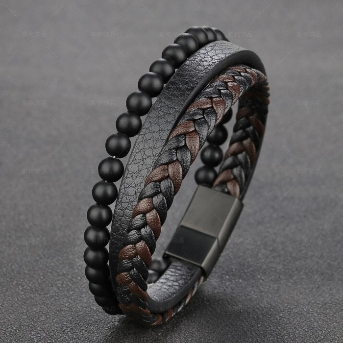 Natural Frosted Beads Stainless Steel Leather Bracelet Titanium Steel Ornament Beaded Bracelet European and American Accessories