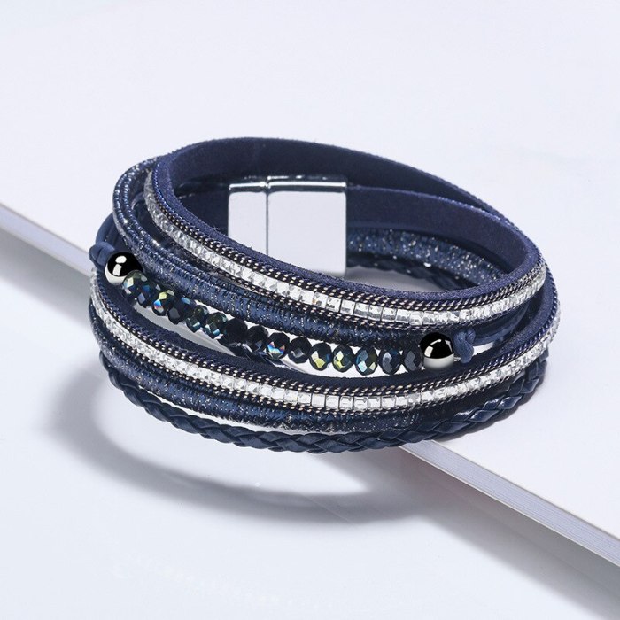 European and American Multi-Layer Long Square Diamond Multi-Layer Bead Ornament Magnetic Buckle Woven Bracelet Ladies