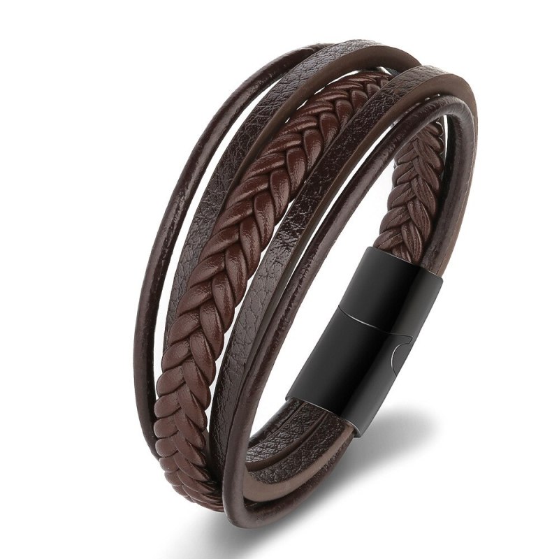 Vintage Cowhide String Bracelet Hand-Woven Leather Stainless Steel Bracelet Genuine Leather Titanium Steel Men's Bracelet