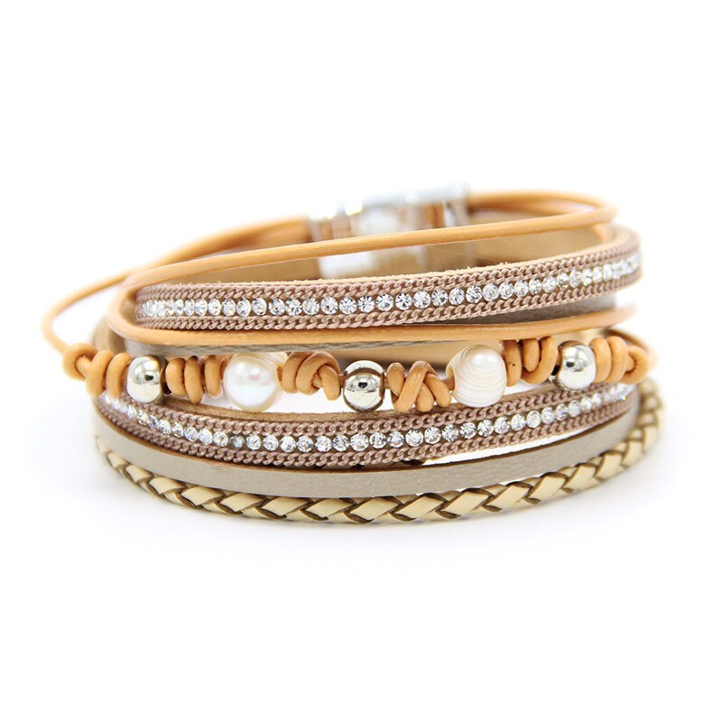 Popular European and American Fashion Magnetic Snap Bracelet Cowhide Woven Pearl Bracelet Women's Jewelry Wholesale