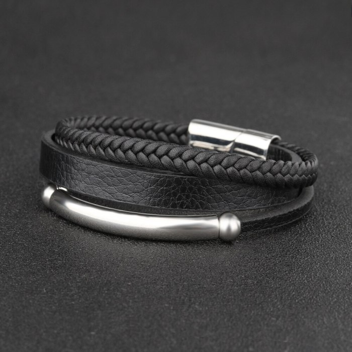 Popular Multi-Layer Woven Men's Leather Rope Titanium Steel Bracelet Simple Stainless Steel Magnetic Snap Men's Bracelet Jewelry