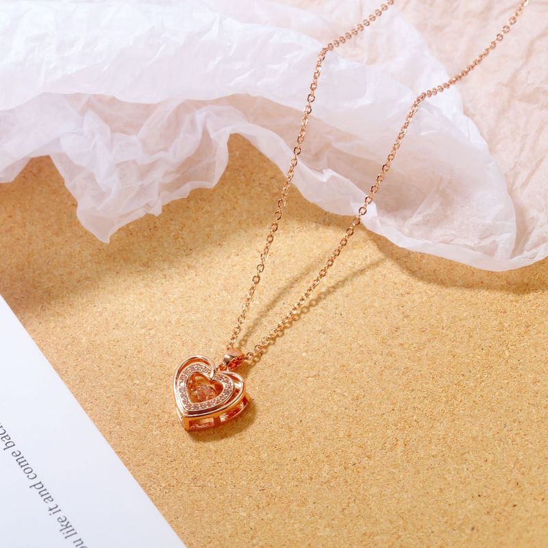 Korean Style Ins Simple Elegant Smart Heart Double-Layer Necklace Rose Plated Golden Zircon Clavicle Chain Pendant Gb029