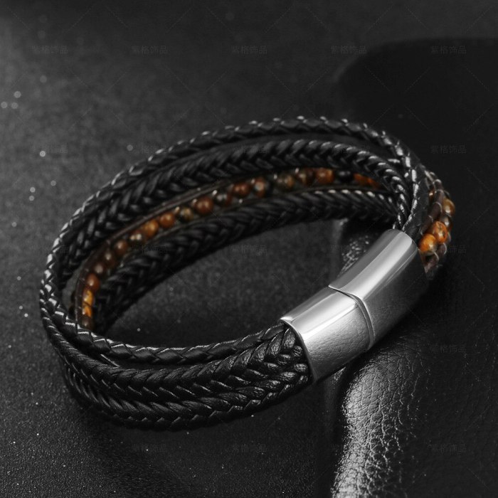 Cross-Border Hot Hand-Woven Leather Stainless Steel Natural Stone Bracelet Titanium Steel Men's Bracelet Jewelry