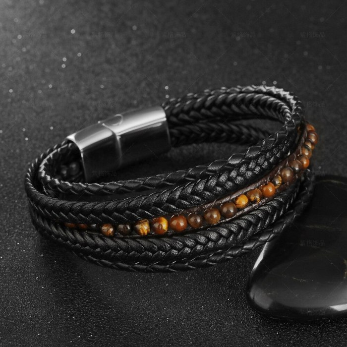 Cross-Border Hot Hand-Woven Leather Stainless Steel Natural Stone Bracelet Titanium Steel Men's Bracelet Jewelry