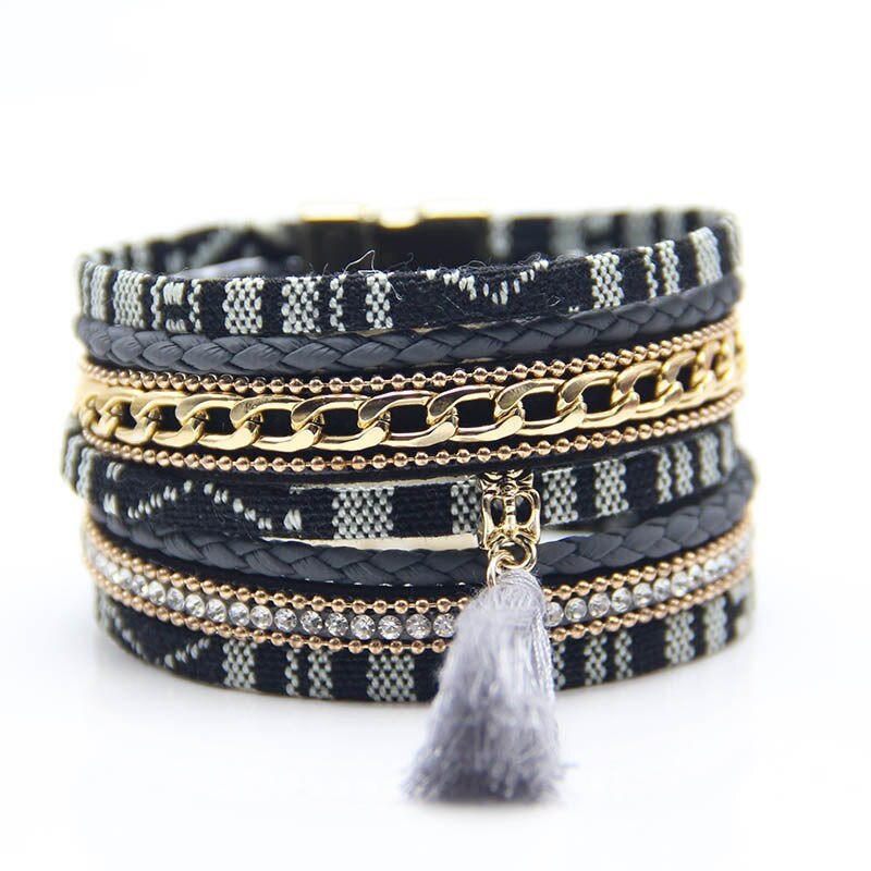 Ethnic Style Cotton String Tassel Bracelet Women's Fashion Multi-Layer Bohemian Magnetic Bracelet