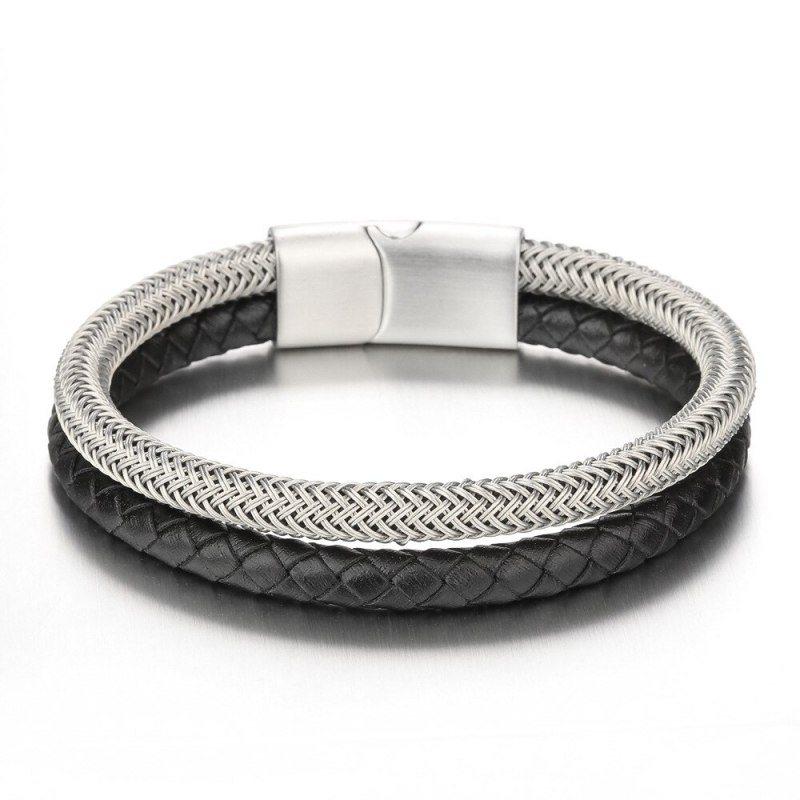 New Leather Rope Stainless Steel Leather Double Layer Braided Bracelet Men's Titanium Steel Bracelet in Stock