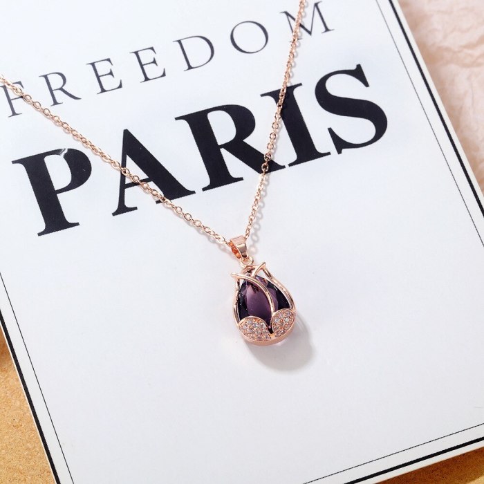 Korean Style Ins All-Match Mori Tulip Necklace Diamond-Embedded Clavicle Chain Rose Gold-Plated Pendant for Girlfriend Gb024